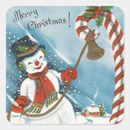 Vintage Retro Leende God Jul Snöman Fyrkantigt Klistermärke