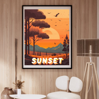 Vintage Retro Ligcape Travel Sunset Art Print Poster