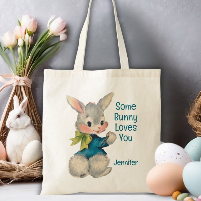 Vintage Retro Lite Bunny Kärlek Du Anpassningsbar Tygkasse (Vintage Retro Some Bunny Loves You Custom Tote Bag)