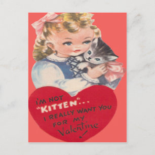 Vintage Retro Little Girl & Kitten Valentine Card Helg Vykort