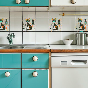 Vintage Retro MCM Cat Spaceship Stars Planet Kakelplatta