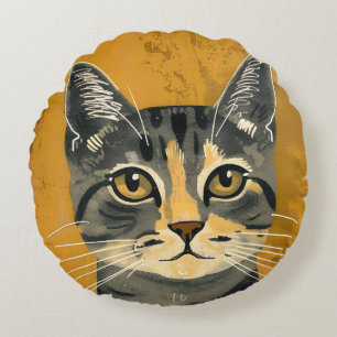Vintage Retro Minimalist Tabby Kattporträtt Rund Kudde