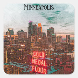 Vintage Retro Minneapolis Minnesota Travel Skyline Fyrkantigt Klistermärke