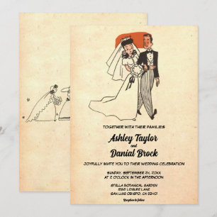 Vintage Retro Old Bride Groom Ancient 50s Bröllop Inbjudningar