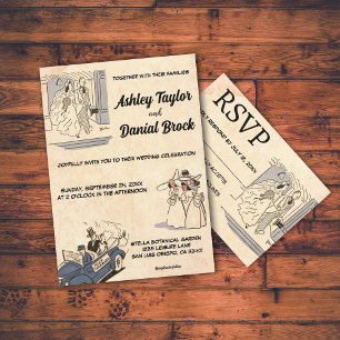 Vintage Retro Old Romantic Tecknad Rustic Bröllop Inbjudningar