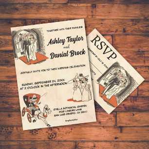 Vintage Retro Old Rustic 50 s Tecknad-Thned Bröllo Inbjudningar