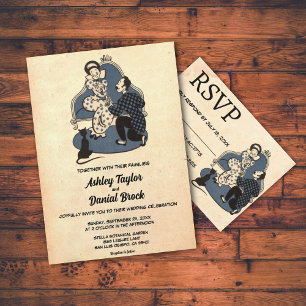 Vintage Retro Old Rustic Couple Romantic Bröllop Inbjudningar