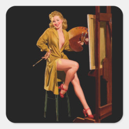 Vintage Retro Painter Artist Pinup Girl Fyrkantigt Klistermärke
