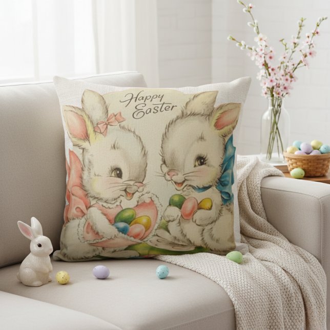 Vintage Retro Påskhare par Kudde (Vintage Happy Easter Bunnies With Easter Eggs Throw Pillow)