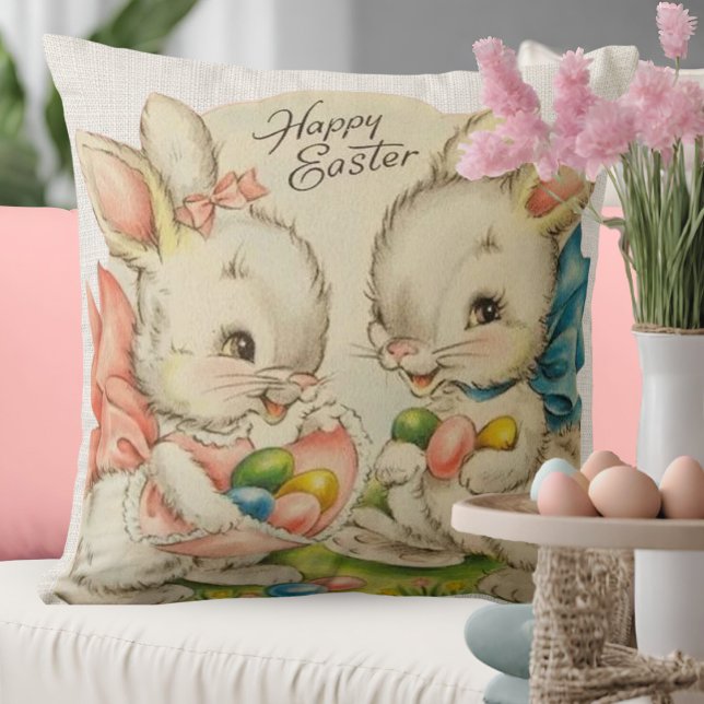 Vintage Retro Påskhare par Kudde (Vintage Happy Easter Bunnies With Easter Eggs Throw Pillow)