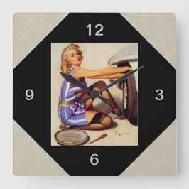 Vintage Retro Pinup Mechanic Girl Fyrkantig Klocka