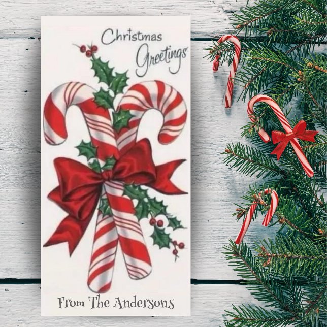 Vintage Retro-Polkagrisar - Anpassningsbar Julkort (Vintage Retro Christmas Candy Canes Custom Holiday Card. Add a custom message & your name!)