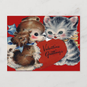 Vintage Retro Puppy & Kitten Valentine Card Helg Vykort