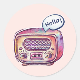 Vintage Retro Radio Hej Vattenfärg Runt Klistermärke