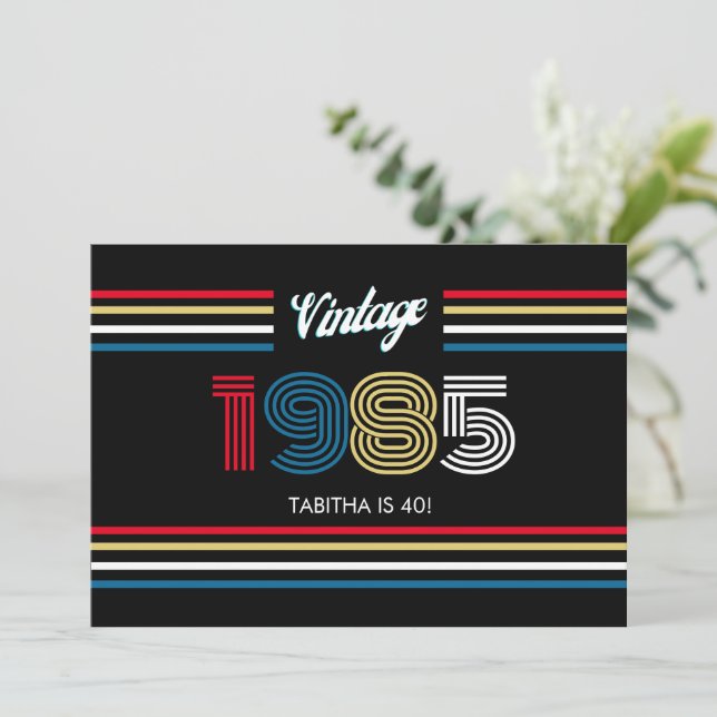 Vintage Retro Randiga Primärfärger 1985 Inbjudningar (Stående Fram)