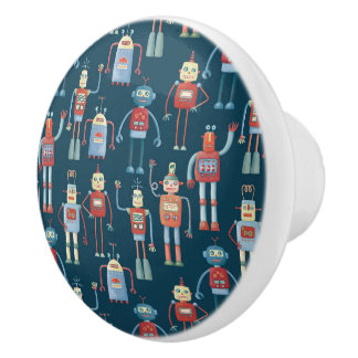Vintage Retro Robot Mönster Mörk Knopp