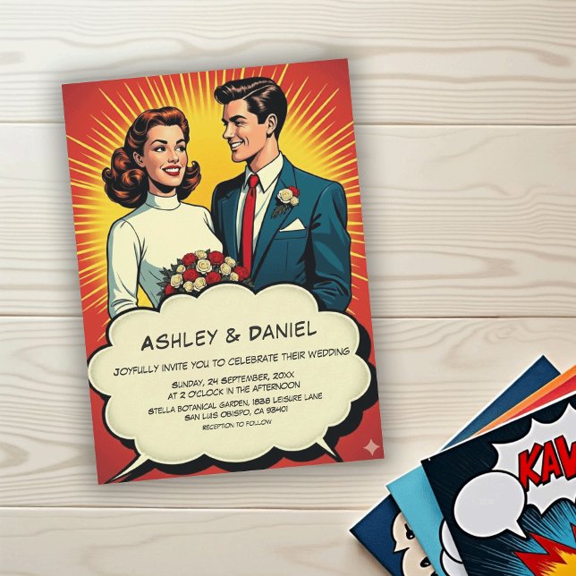 Vintage Retro Romantic Couple Comic Style Wedding Inbjudningar (Skapare uppladdad)