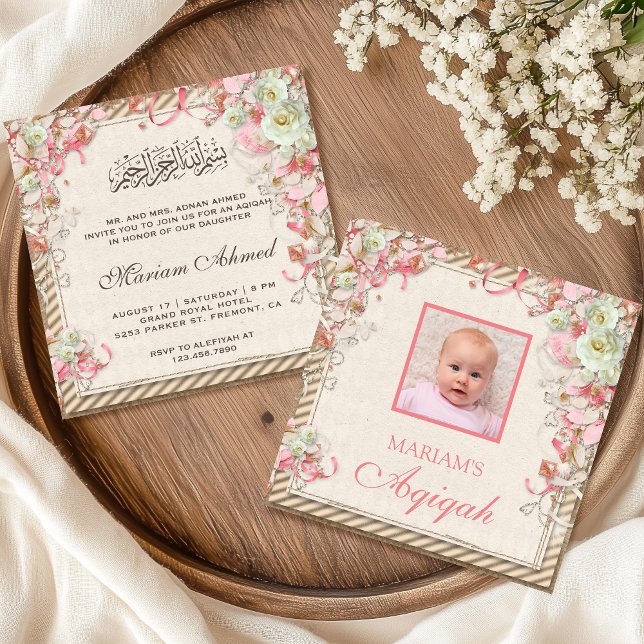 Vintage Retro Rosa Blommigt Flicka Photo Aqiqah Inbjudningar (Skapare uppladdad)