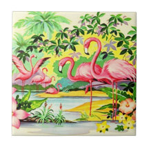 Vintage Retro Rosa Flamingo Birds Flocking Tile