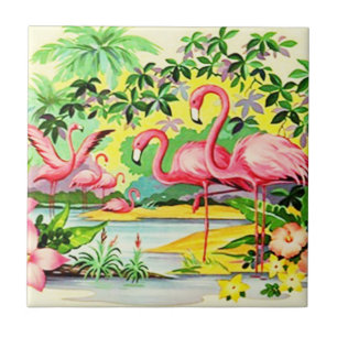 Vintage Retro Rosa Flamingo Birds Flocking Tile Kakelplatta