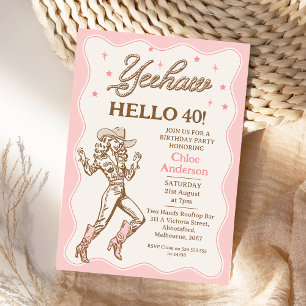 Vintage Retro Rosa Yehaw Cowgirl 40th Birthday Inbjudningar