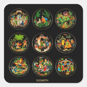 Vintage Retro Russian Fairy Tale Fantasy Colorful Fyrkantigt Klistermärke