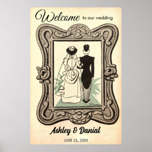 Vintage Retro Rustic Bride Groom Välkommen Bröllop Poster