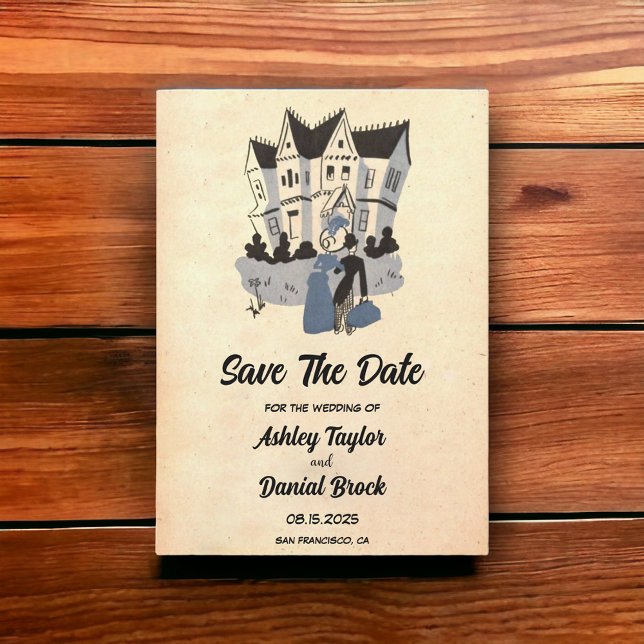 Vintage Retro Rustic Tecknad Bröllop spara datum Inbjudningar (Skapare uppladdad)