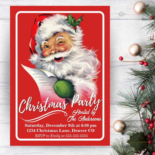 Vintage Retro Santa Checka in sin julklapp Inbjudningar (Vintage Retro Santa Checking His List Christmas Invitation)