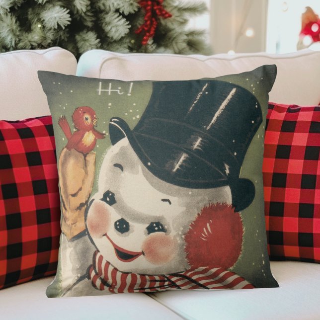 Vintage Retro Snögubbe jul Kudde (Vintage Retro Snowman Christmas Throw Pillow)