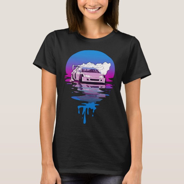 Vintage Retro Solnedgång Drivande Bil T Shirt (Framsida)
