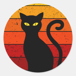 Vintage Retro Solnedgång Halloween Svart Katt I Runt Klistermärke