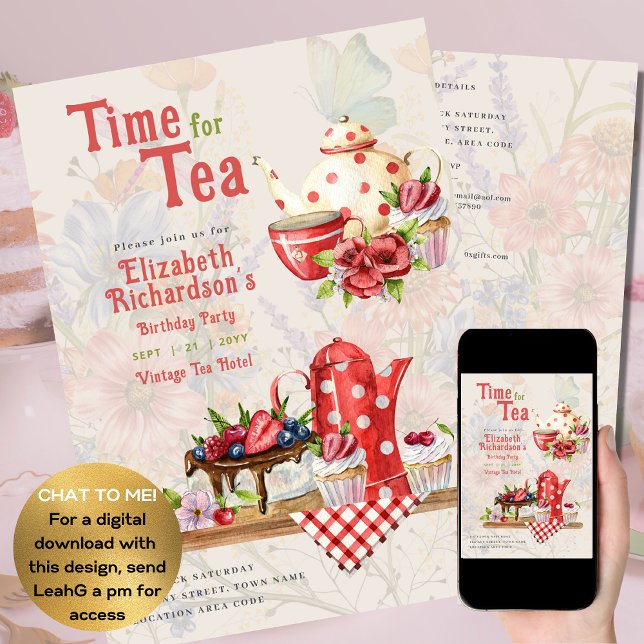 Vintage Retro Tea Party Red Polkadot Birthday Flygblad (Skapare uppladdad)