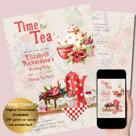 Vintage Retro Tea Party Red Polkadot Birthday Inbjudningar