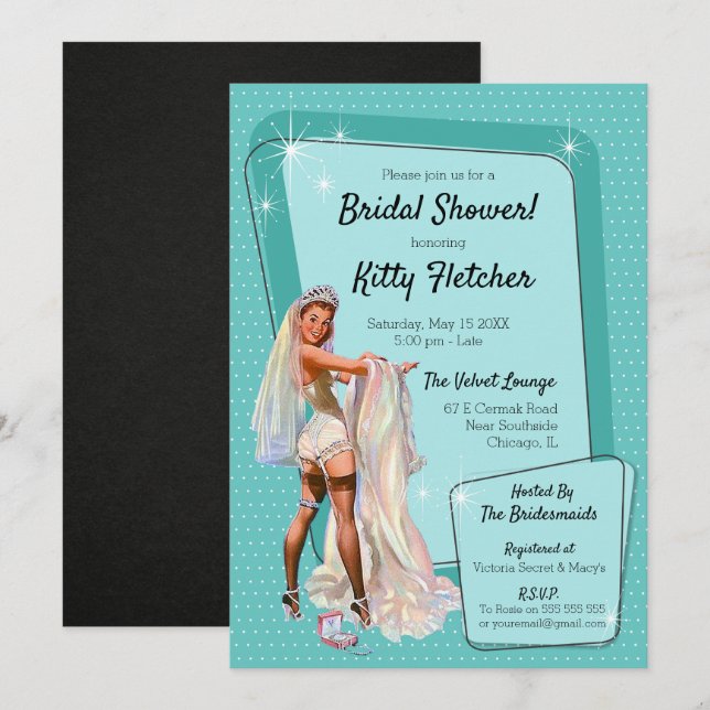 Vintage Retro Teal Pin Up-Möhippa Inbjudningar (Fram/baksida)