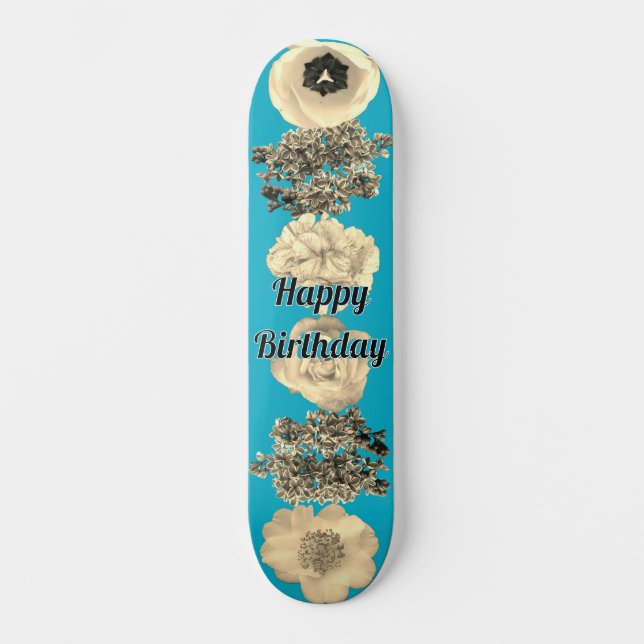 Vintage Retro Teal Sepia Blommig Skateboard (Framsida)
