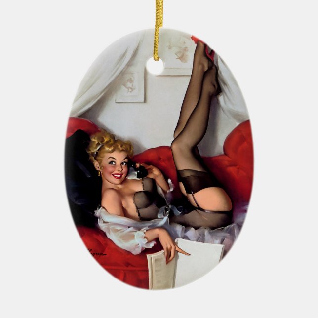 Vintage Retro Telefon Pinup flicka Julgransprydnad Keramik (Framsidan)
