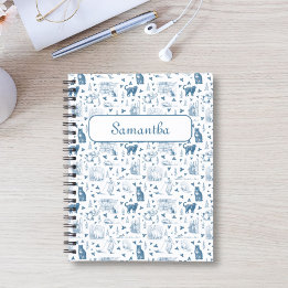 Vintage Retro Toile Mönster Cat Catnip White Blue Anteckningsbok