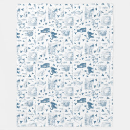 Vintage Retro Toile Mönster Cat Catnip White Blue Fleecefilt