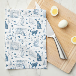Vintage Retro Toile Mönster Cat Catnip White Blue Kökshandduk