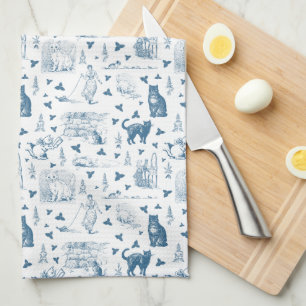 Vintage Retro Toile Mönster Cat Catnip White Blue Kökshandduk