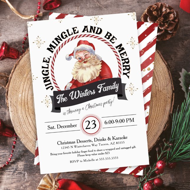 Vintage Retro Tomte Julfest Högtid Inbjudningar (Unique Jingle Mingle and Be Merry Family Office Corporate Christmas Party Invitation Vintage Santa)