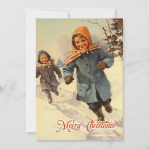 Vintage retro traditionella barn leker snöberg julkort