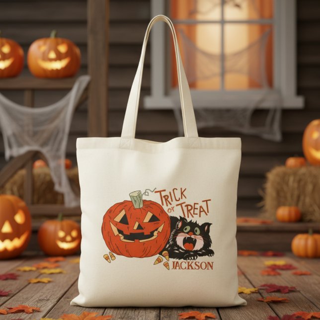 Vintage Retro Trick eller Trick Anpassningsbar Hal Tygkasse (Vintage Retro Trick or Trick Custom Halloween Tote Bag - Just add your trick-or-treater's name!)