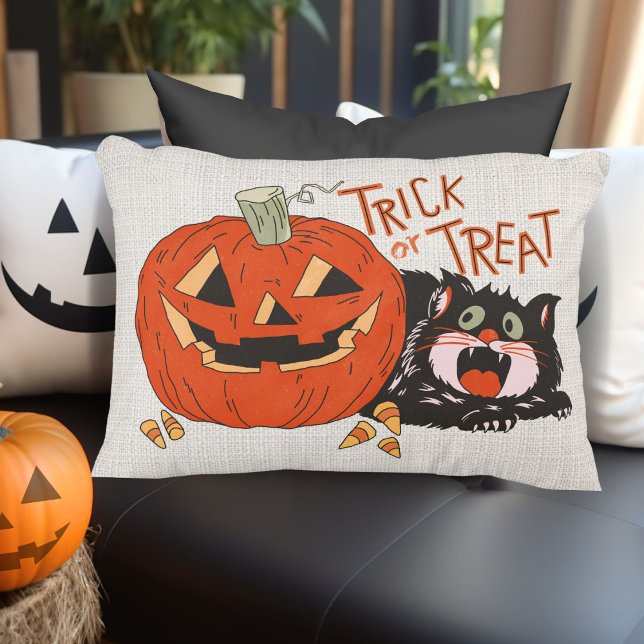 Vintage Retro Trick eller Trick Halloween Prydnadskudde (Vintage Retro Trick or Trick Halloween Black Cat with Jack-o-lantern Accent Pillow)