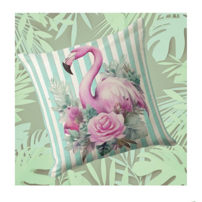 Vintage Retro Tropical Rosa Flamingo Kudde (Vintage flamingo and roses)