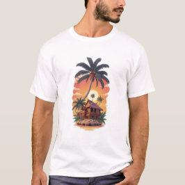 Vintage Retro Tropiskt Palmträd Solnedgång Herrar  T Shirt