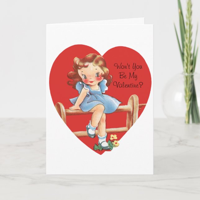 Vintage Retro Valentindagen, flicka på stängsel Helgkort (Framsida)