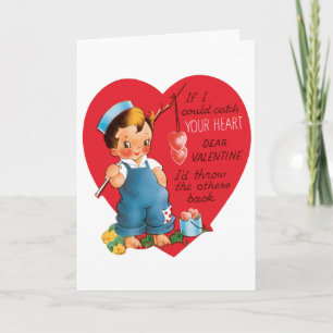 Vintage Retro Valentindagen, pojkfiskevatten Helgkort