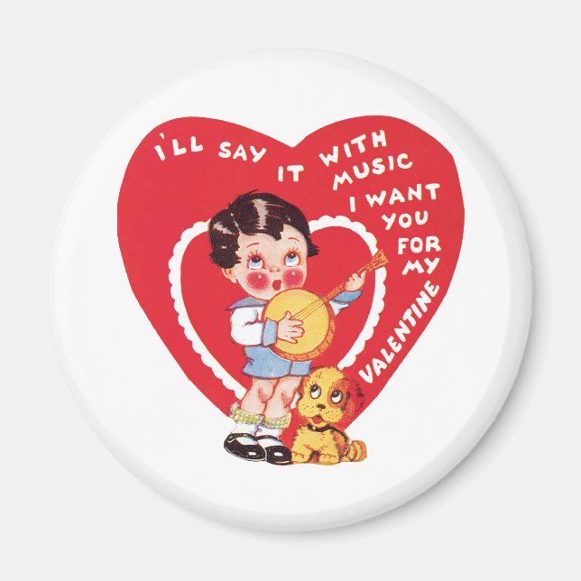 Vintage Retro Valentine Day, Boy Music Banjo Magnet (Framsidan)